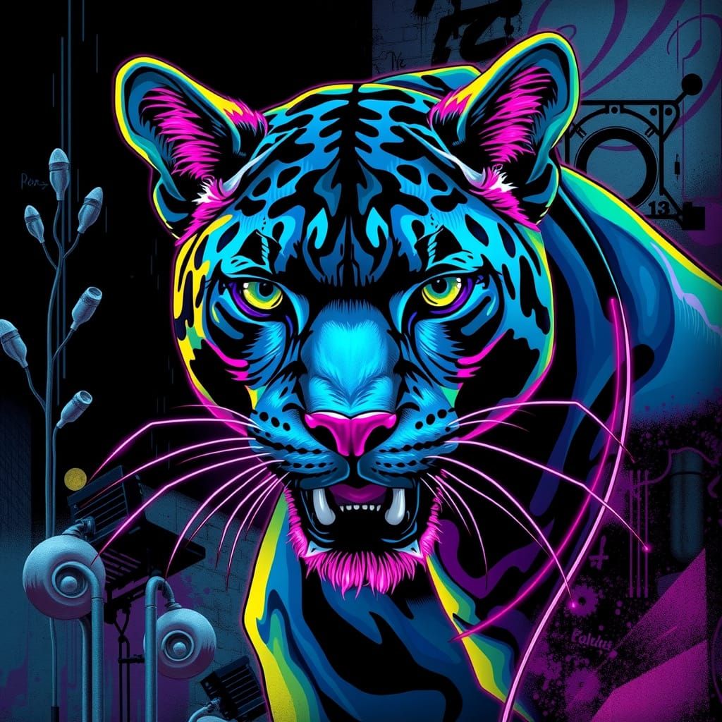 Cyberpunk Puma in Neon Oil Graphic Art