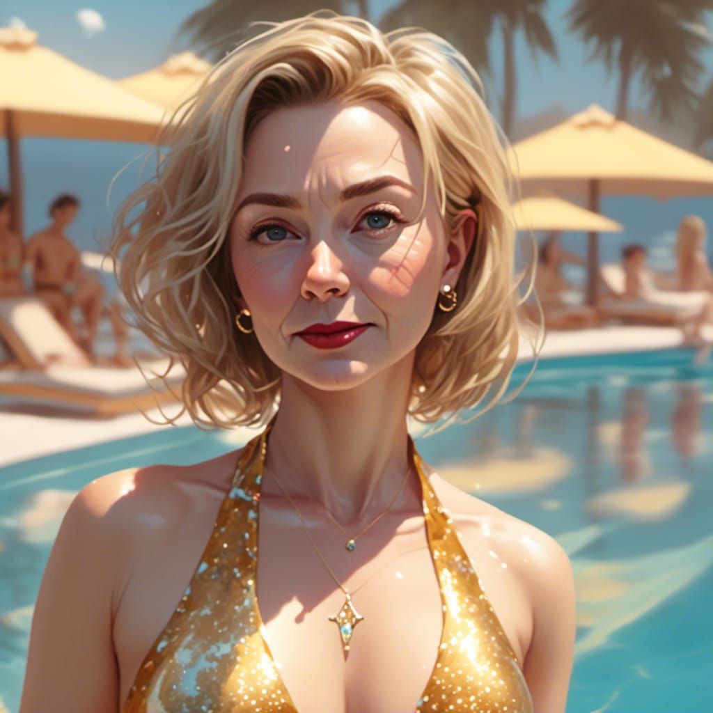 Woman in Gold Bikini at Swimming Pool