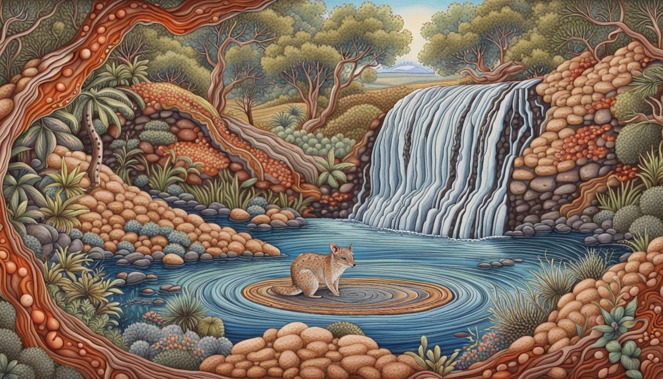 Waterfall Portal with Australian Fauna in Quantum Zentangle