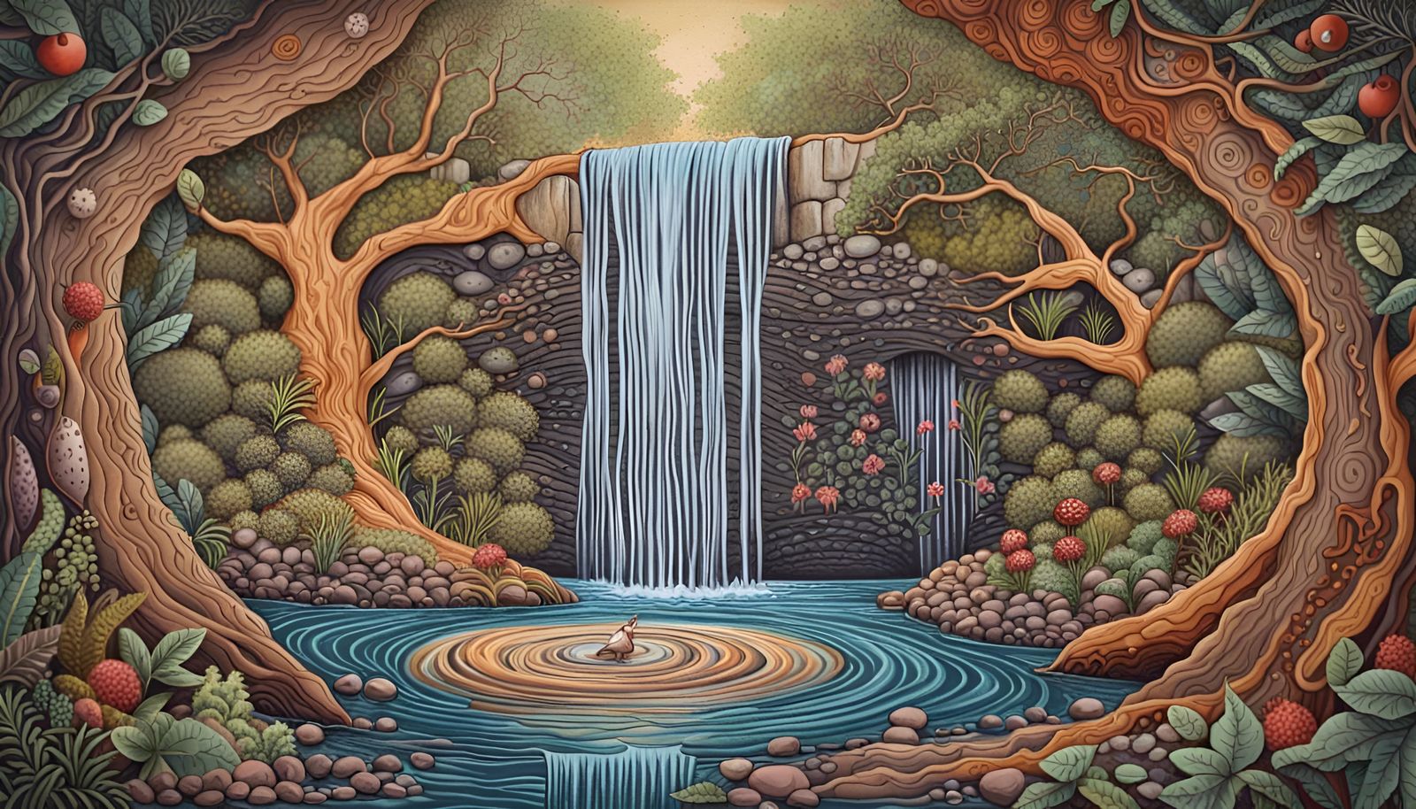 Waterfall Portal with Australian Wildlife in Zentangle Style