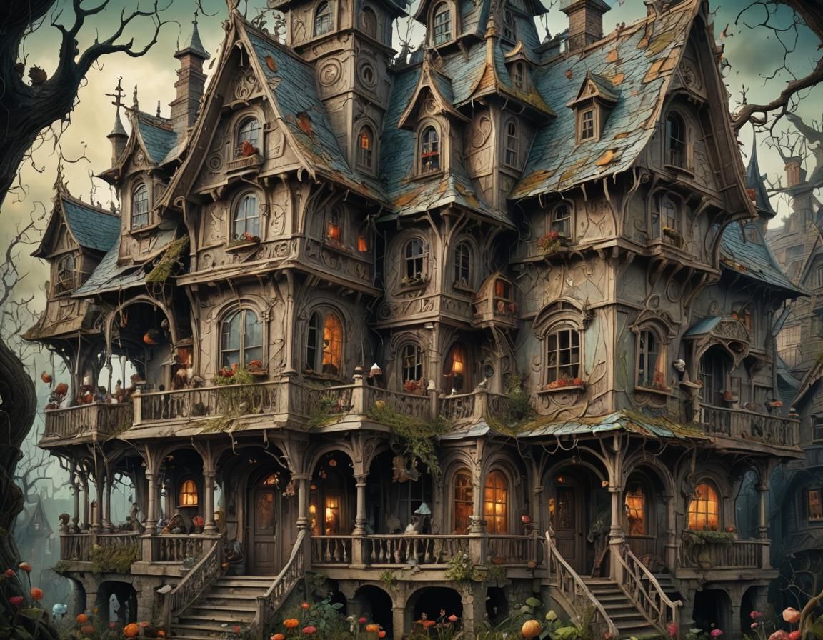 Wonky Haunted House in Whimsical Fairytale Style