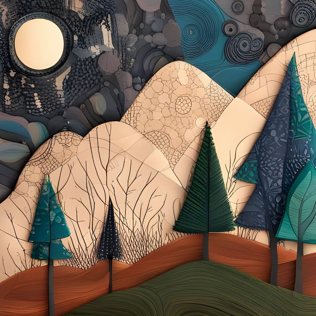 Boho Modern Nightscape with Trees and Hills