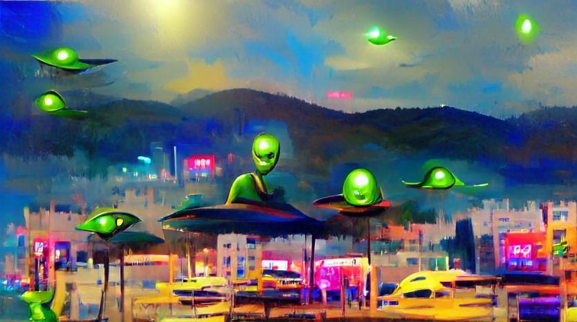 Cartoon Aliens with Flying Saucer in 3D