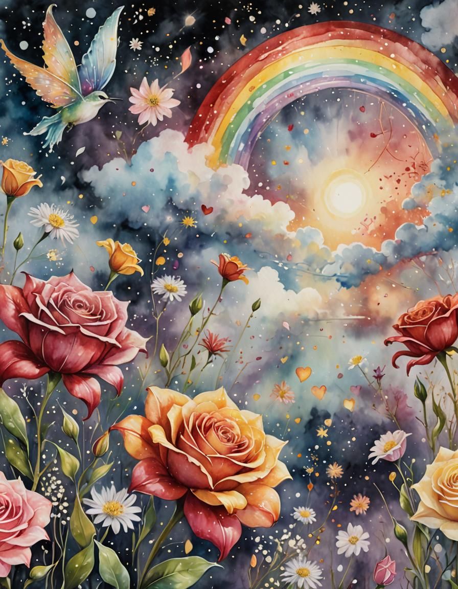 Mystical Sky with Rainbow, Roses, and Fairy Dust