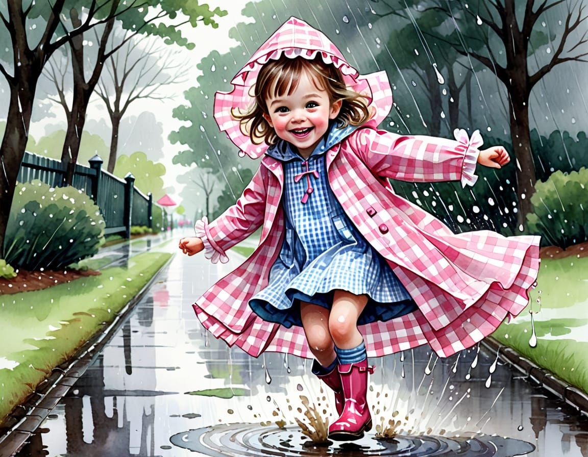 Whimsical Girl Plays in Rainy Day Puddles