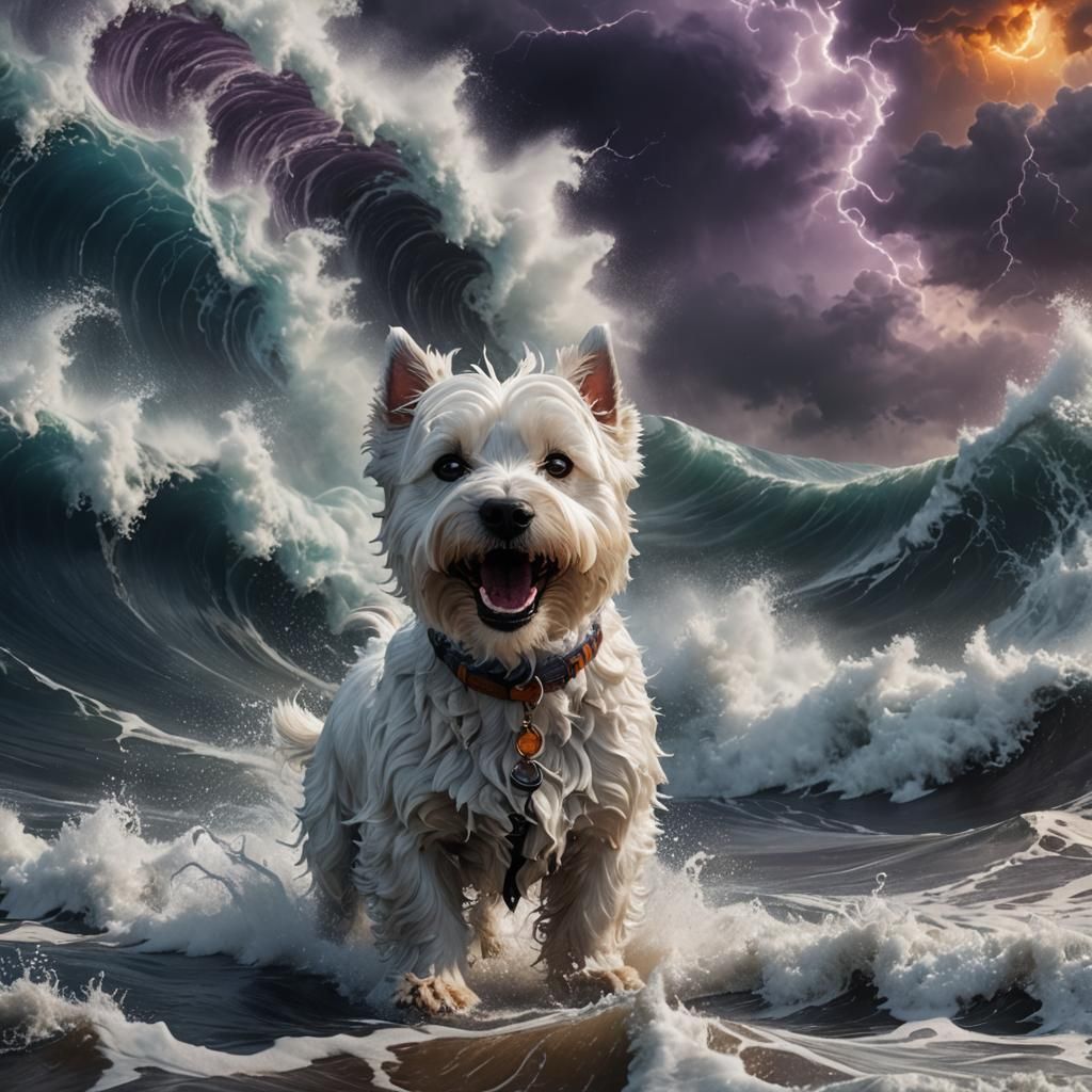 Westie vs Tsunami: Dramatic Digital Art
