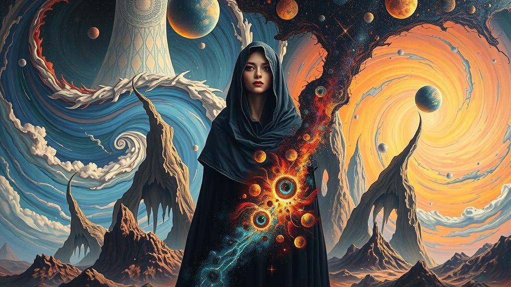 Woman at Nexus of Colliding Surreal Universes