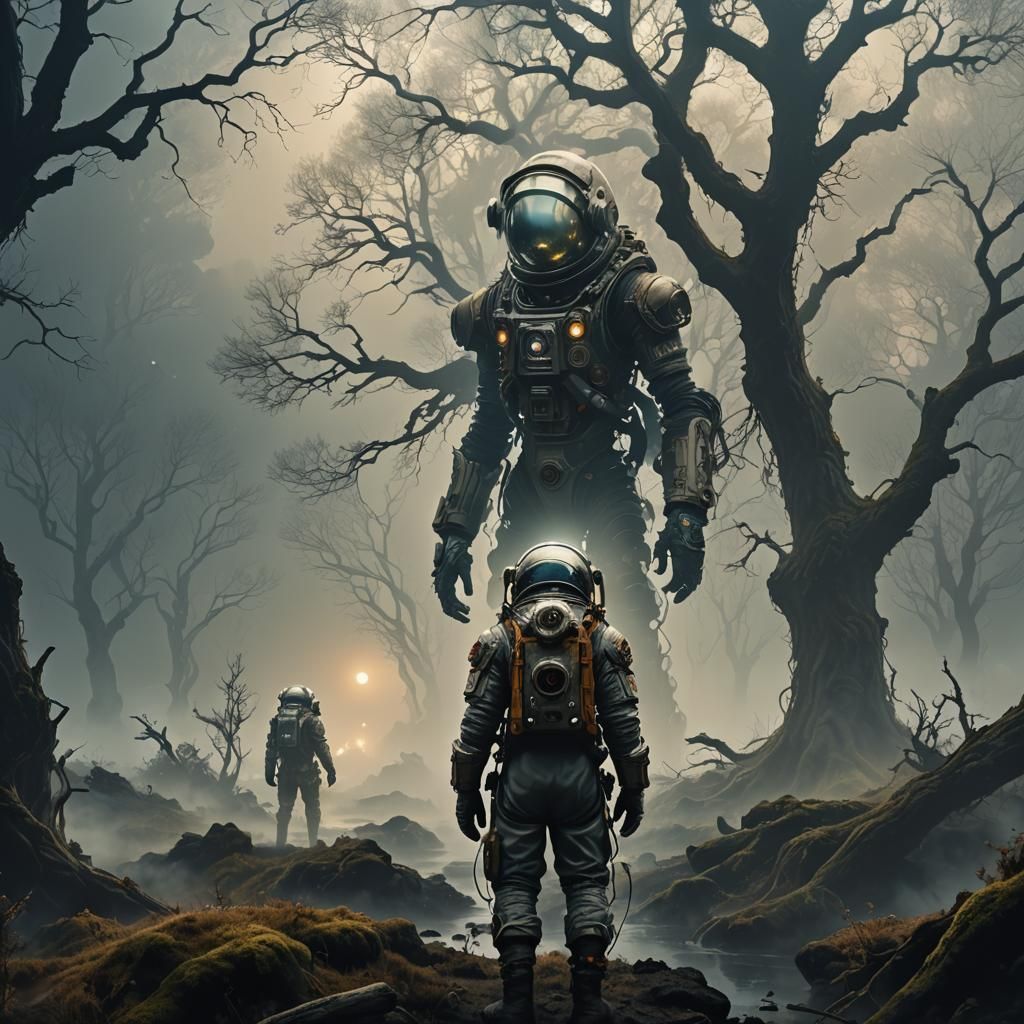 Astronaut in Misty Landscape: Baroque Digital Art