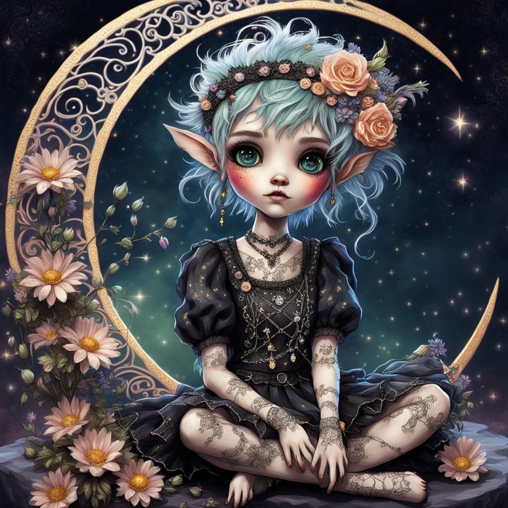 Whimsical Pixie in Crescent Moon Digital Art