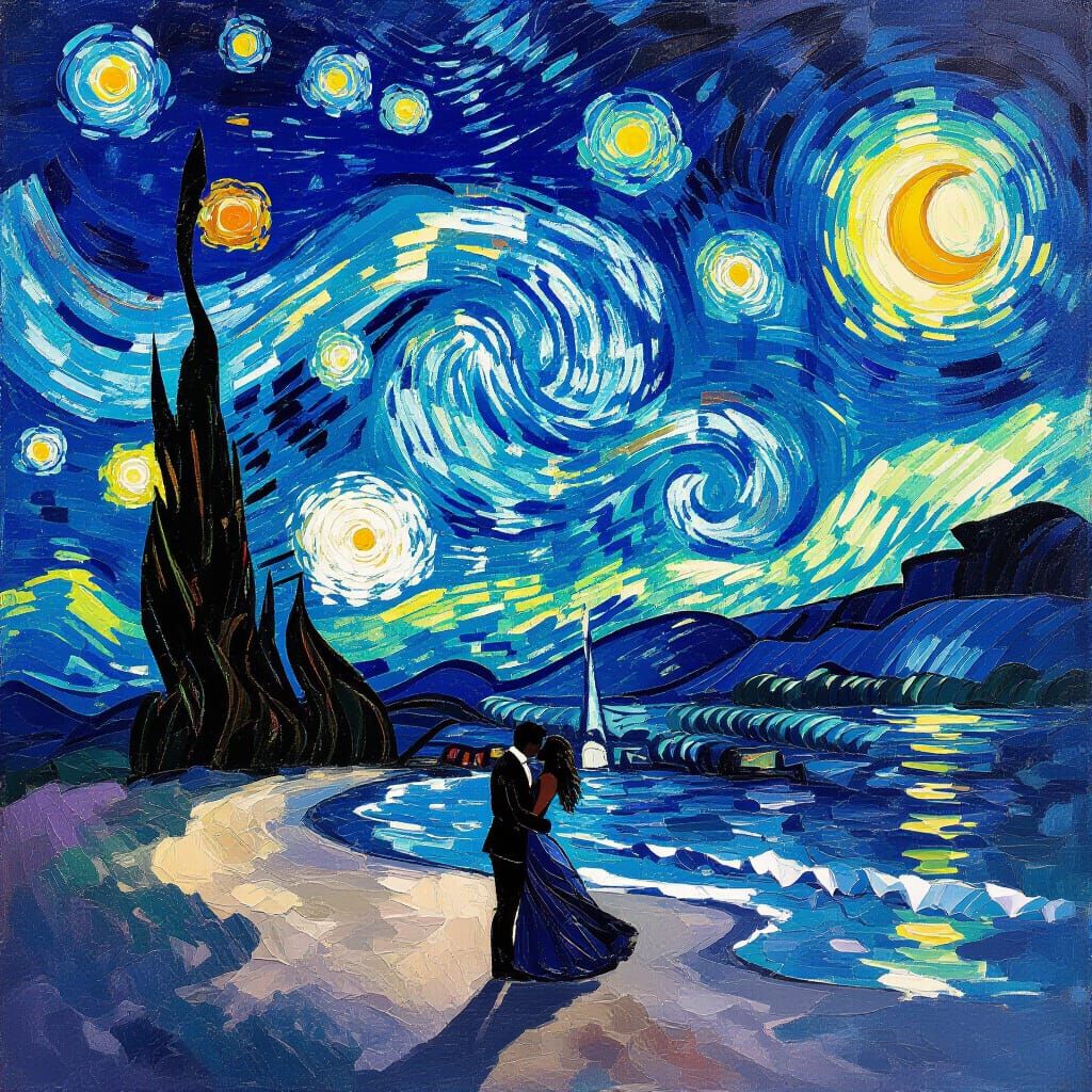 Lovers Kissing on Beach Under Starry Van Gogh-esque Sky