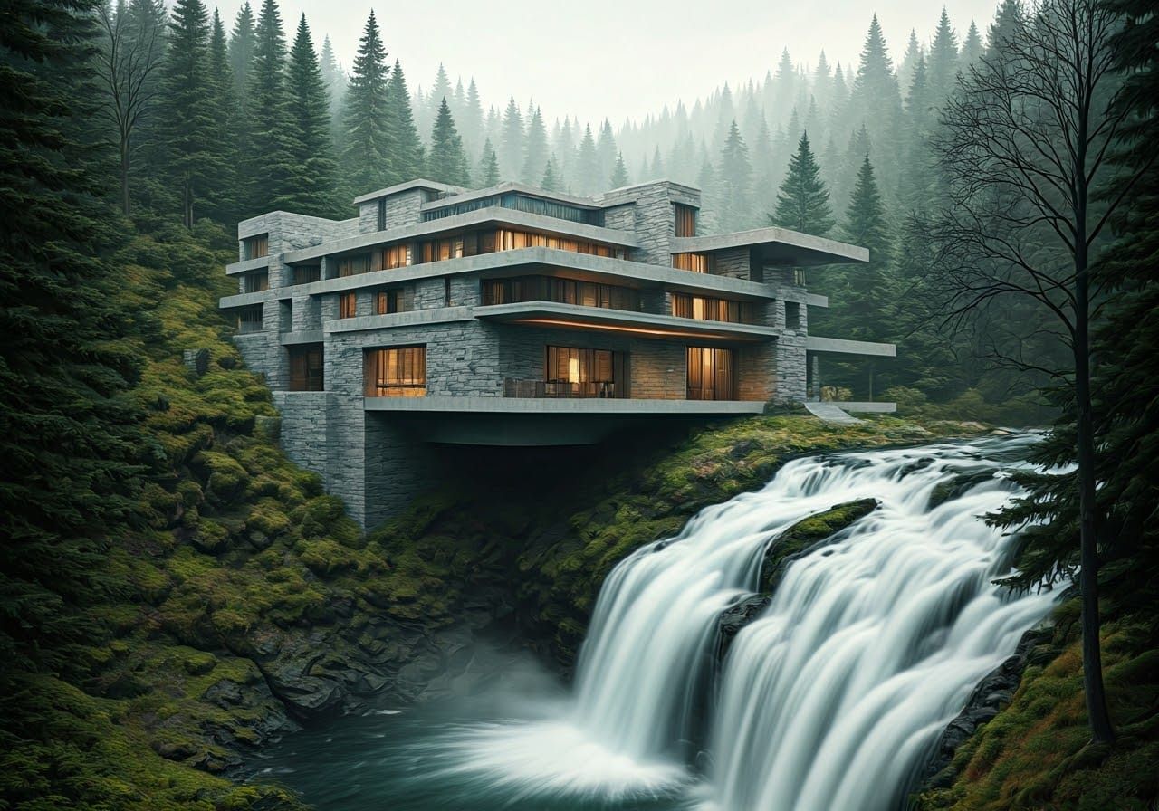 Organic Modernist Mansion Blends into Rocky Waterfall Landsc...