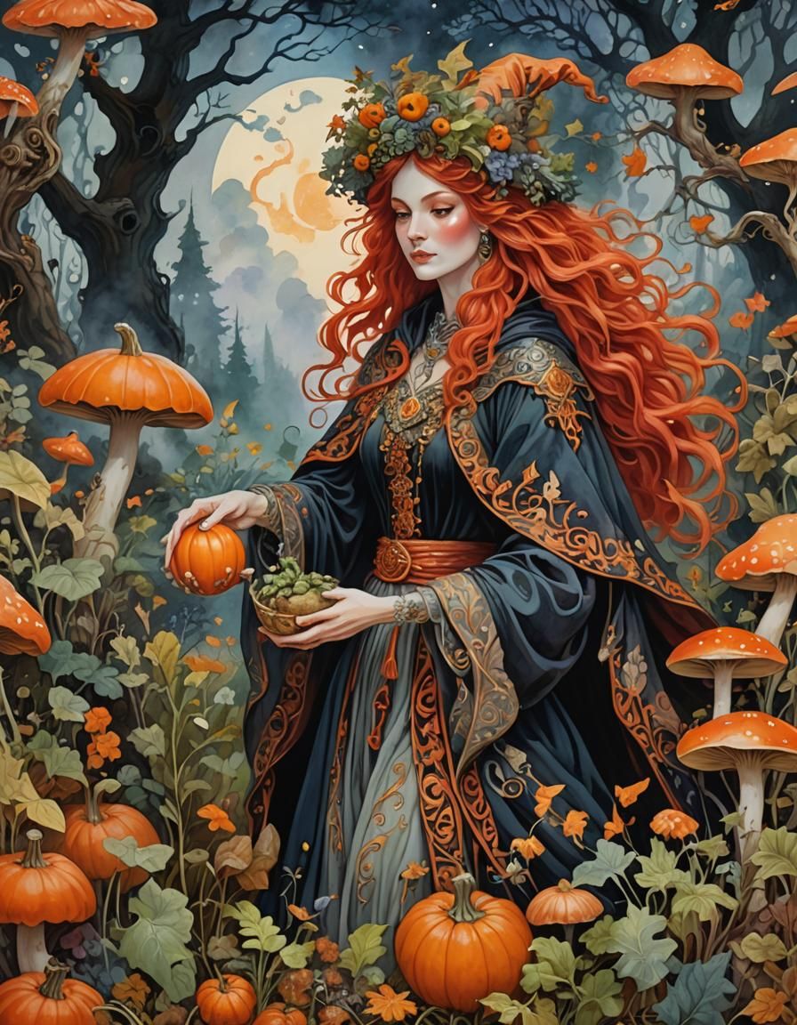 Witch Harvesting Herbs in Mystical Landscape