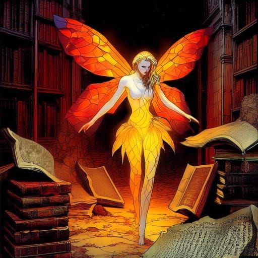 Fiery Fairy in Forgotten Library, Digital Art