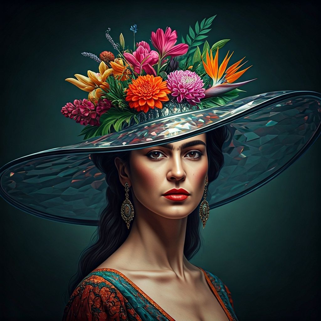 Surreal Woman in Crystal Hat with Exotic Flowers