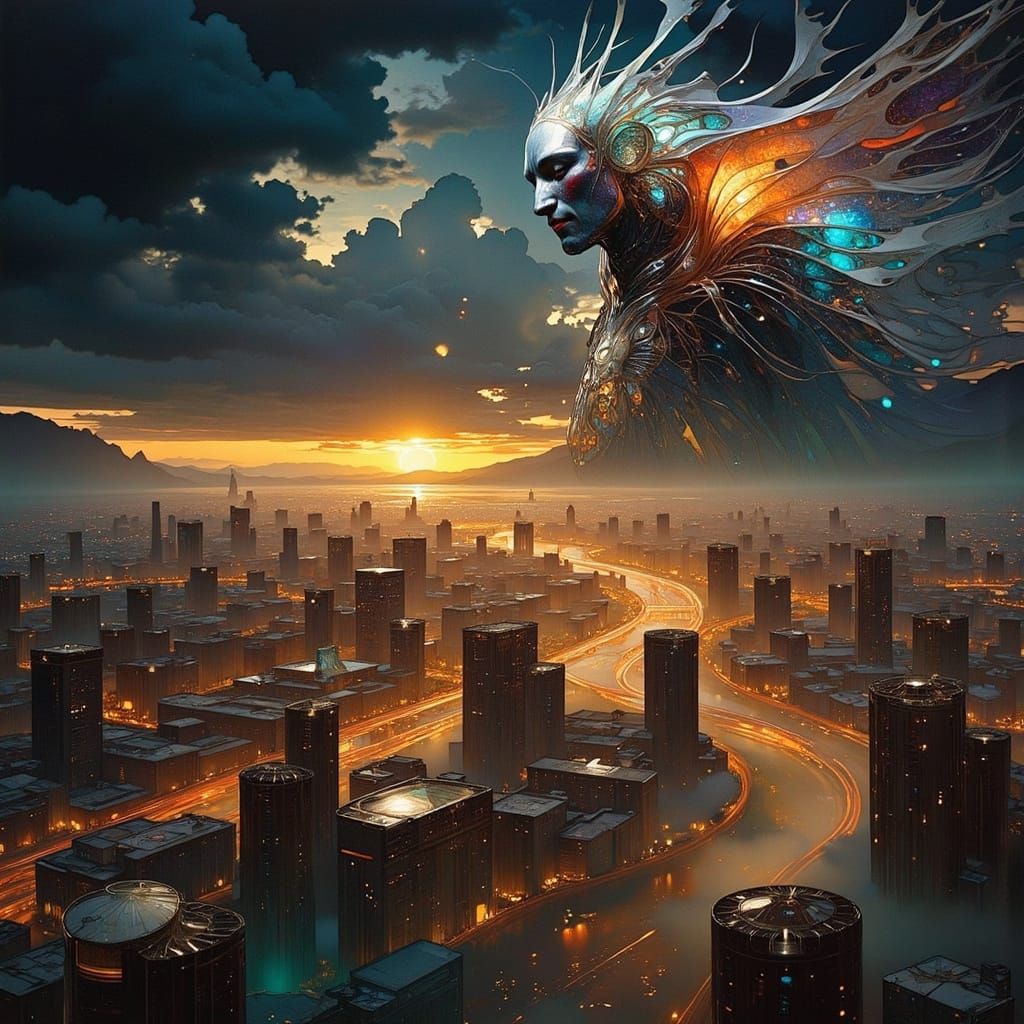 Iridescent Cyberpunk Cityscape with Echoing Architecture