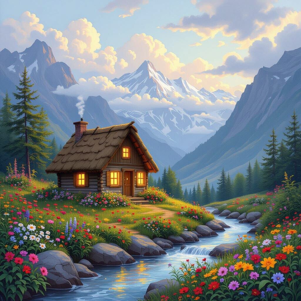 Idyllic Hut in Realistic Landscape with Watercolor Details