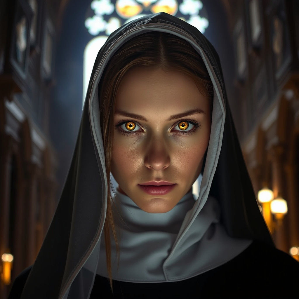 Fiery-Eyed Nun Portrait in Dark Cathedral