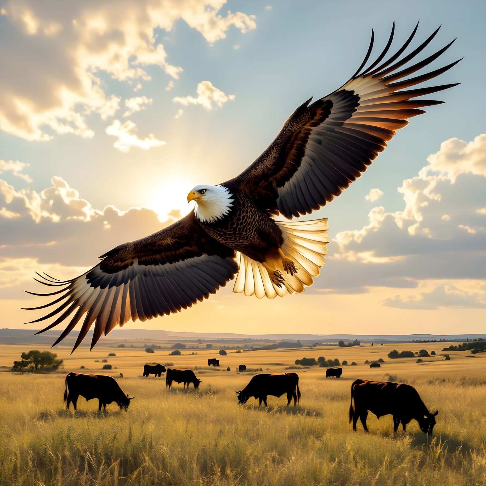 American Bald Eagle Soaring Over Texas Meadow