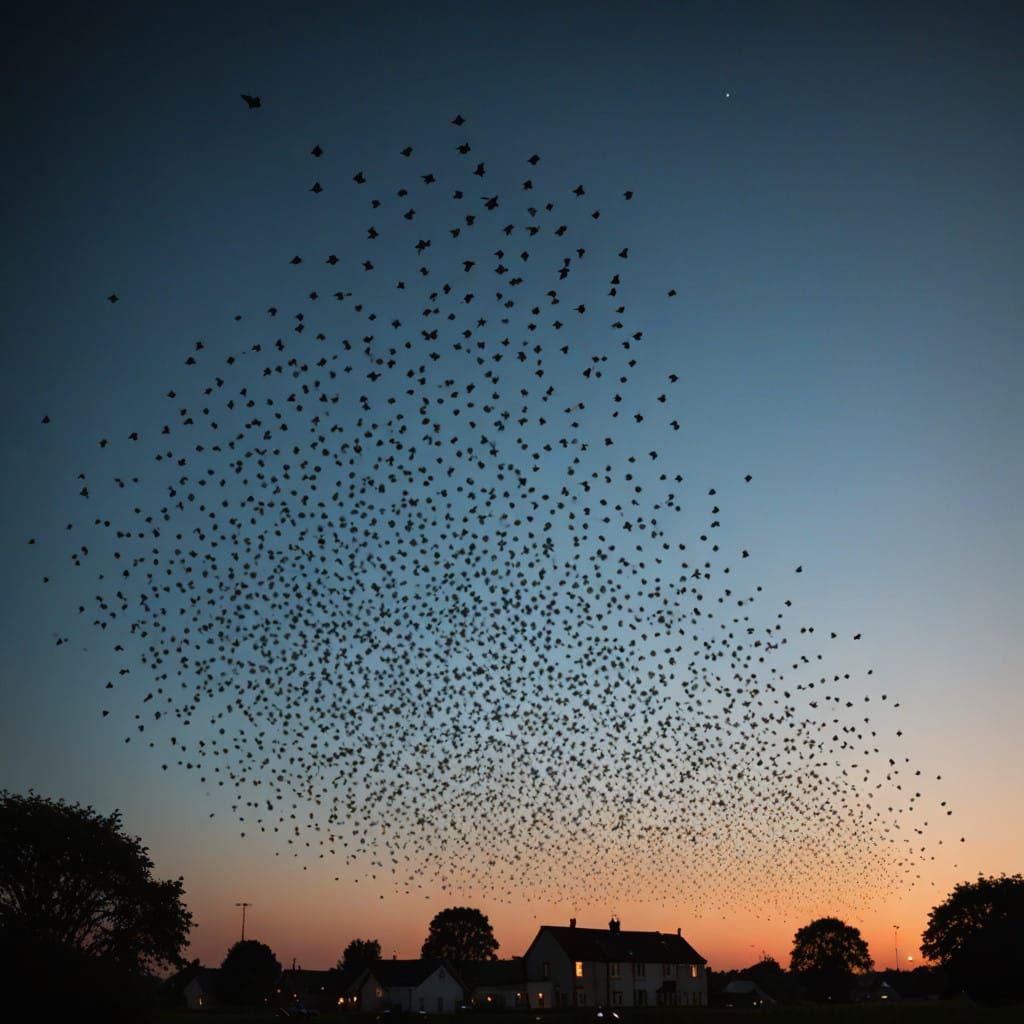 Starlings murmuration evening sky