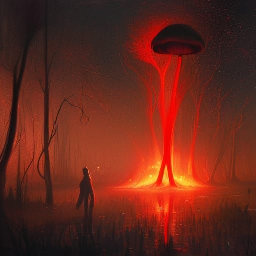 Glowing Red Mushroom in Dark Gothic Swamp