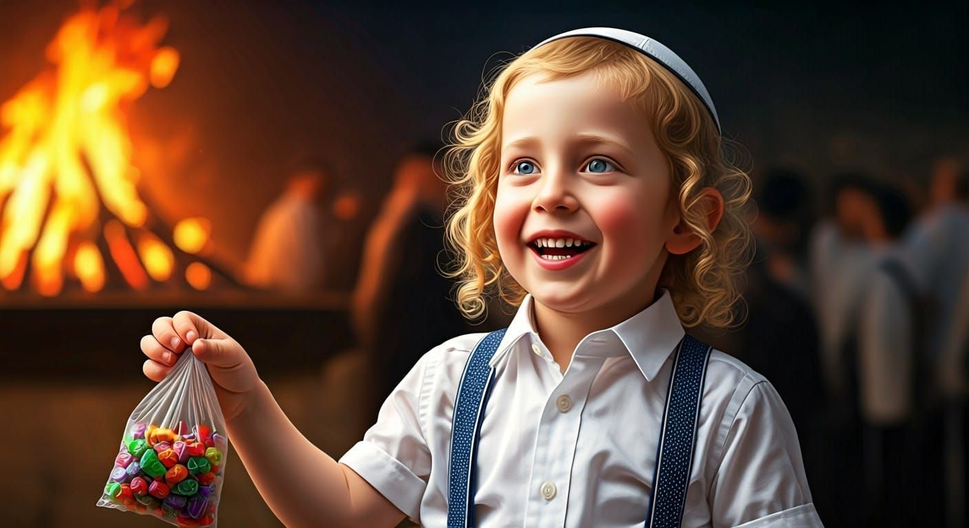 Celebratory Hasidic Boy at Lag BaOmer Ceremony