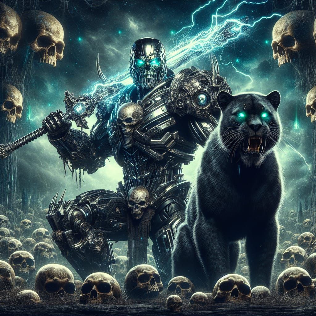 Robotic Warrior and Panther in Skull Landscape