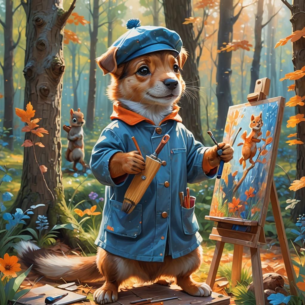 Puppy Artist Painting Squirrel, Whimsical Digital Art