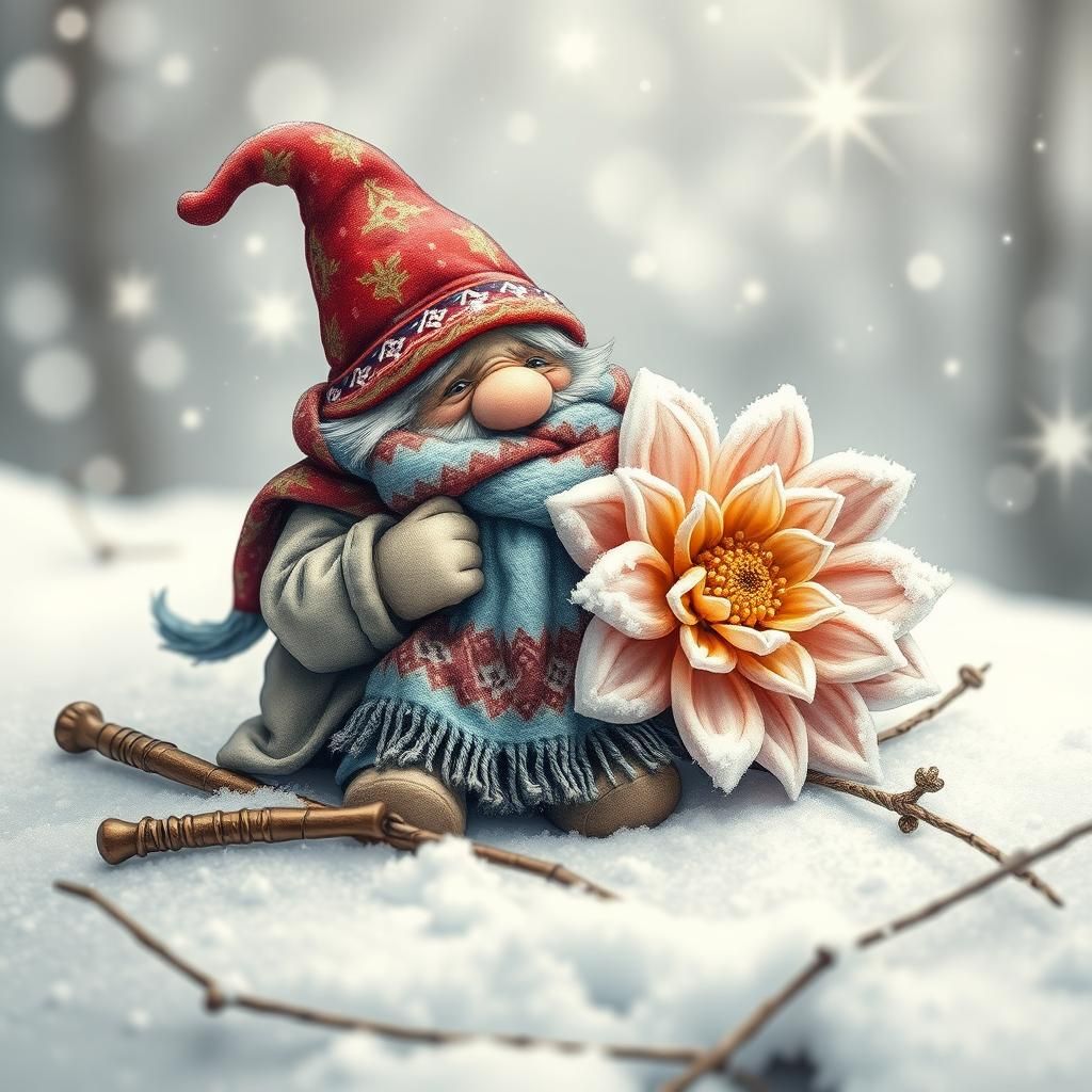 Gnome Wraps Snowy Flower in Winter Wonderland