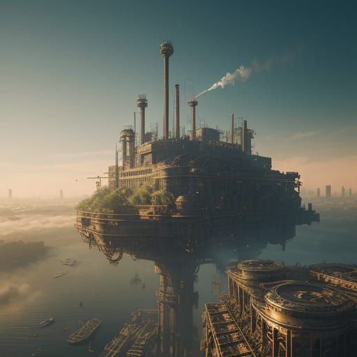 Floating Steampunk Cityscape with Neo-Victorian Architecture