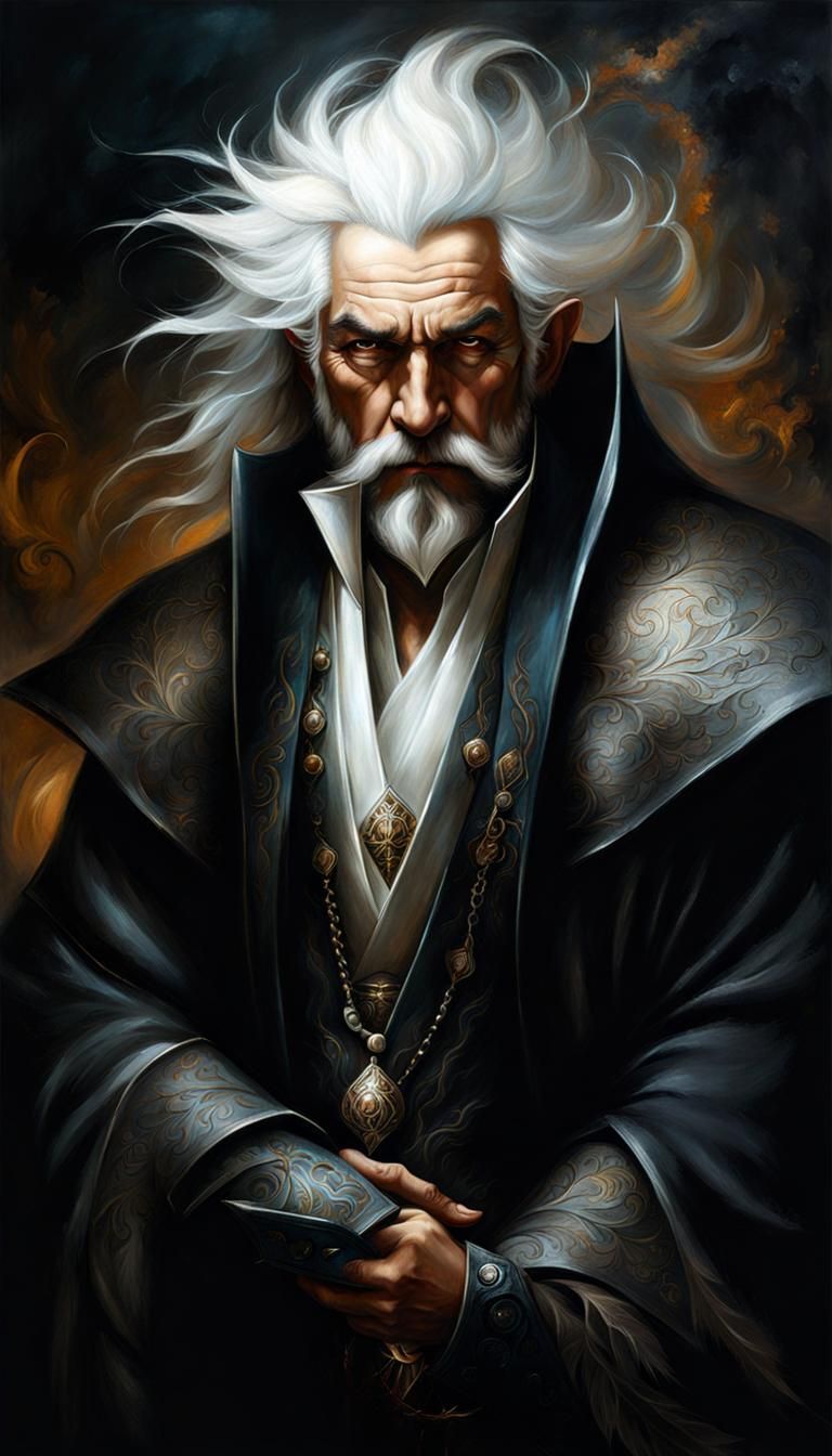 A dark mage with white hair, dark background, moody, incredible details, chiaroscuro effect, best quality, stunning, mas...