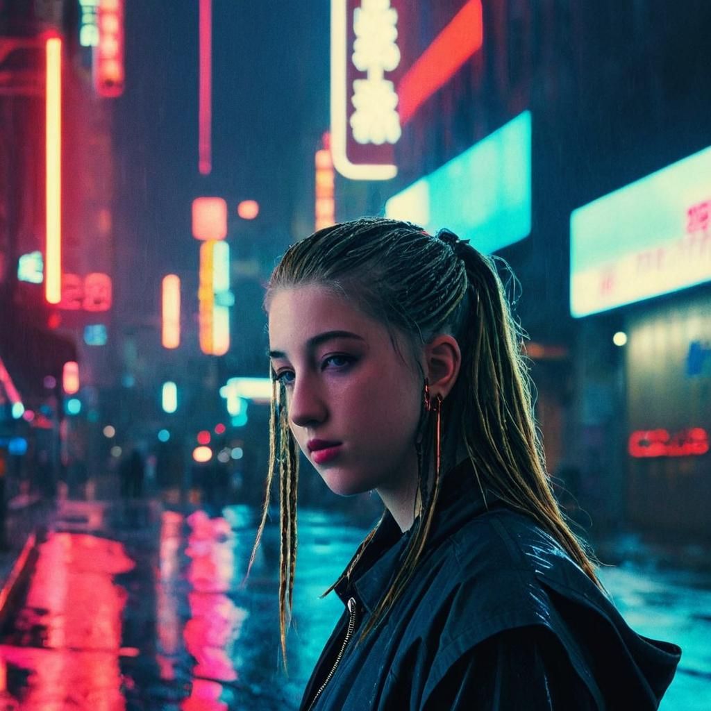 Cyberpunk Protagonist in Rainy Futuristic Cityscape