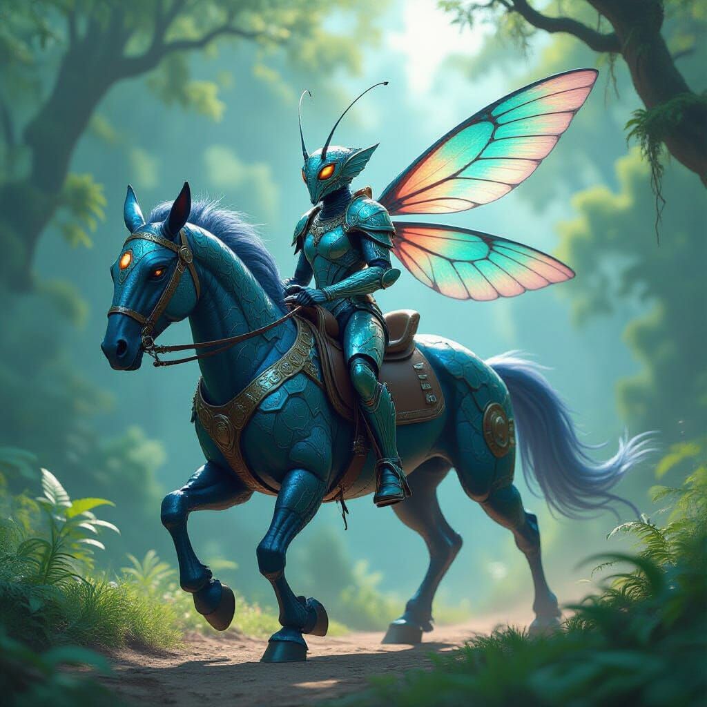 Armored Mantis Rider on Insect Horse in Ethereal Forest