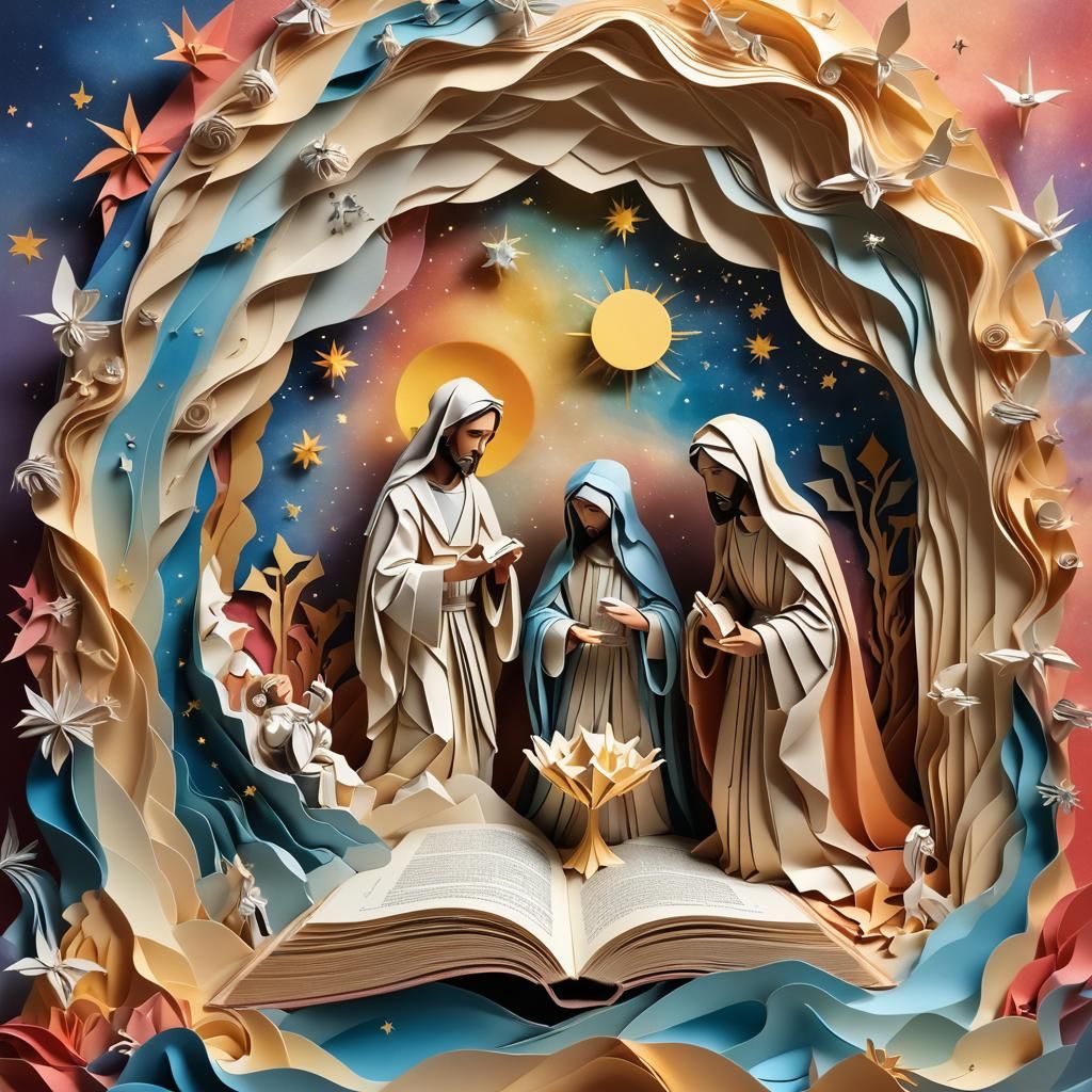 Surreal Origami Holy Family Emerging from Bible