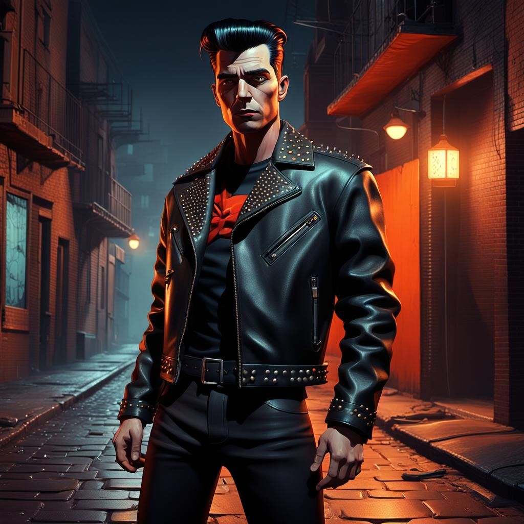 Rockabilly Figure in Smoky Alleyway, Low-Poly Matte Painting