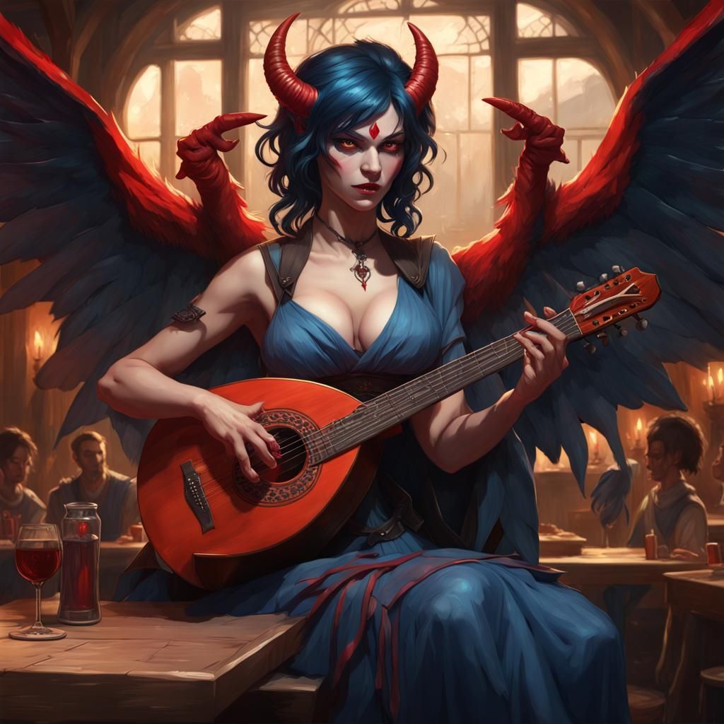 Devil Woman Plays Lute in Tavern: Fantasy Portrait