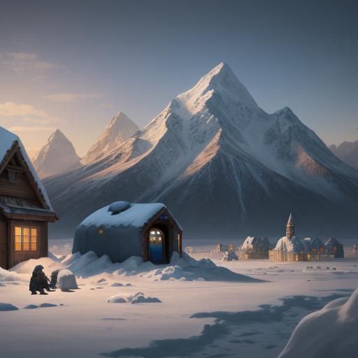 Midnight Sun Illuminates Igloo Village in Snowy Landscape