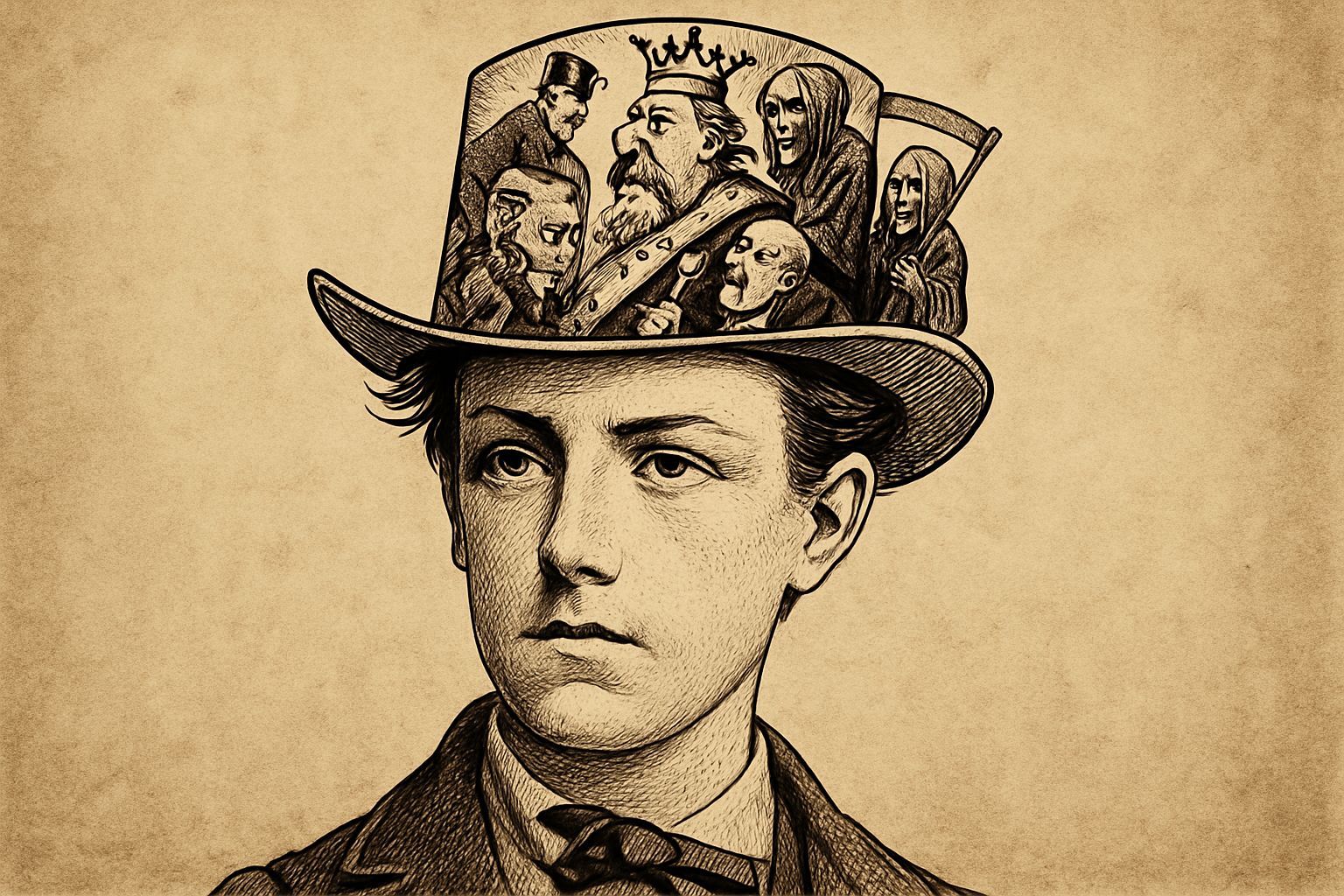 Arthur Rimbaud at 18: Satirical Hat Portrait in Vintage Cart...