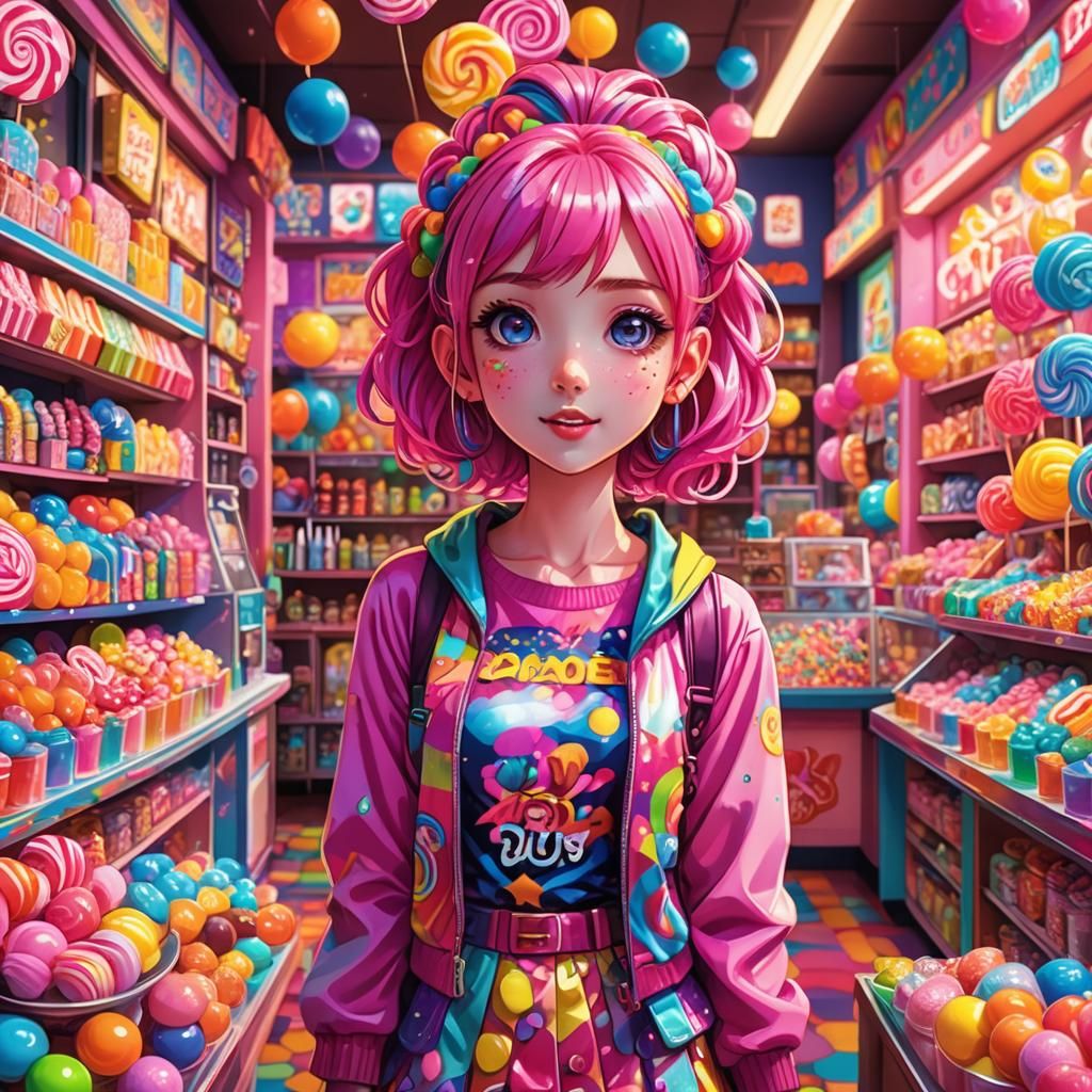 Anime Girl in Candy Shop: Lisa Frank Style