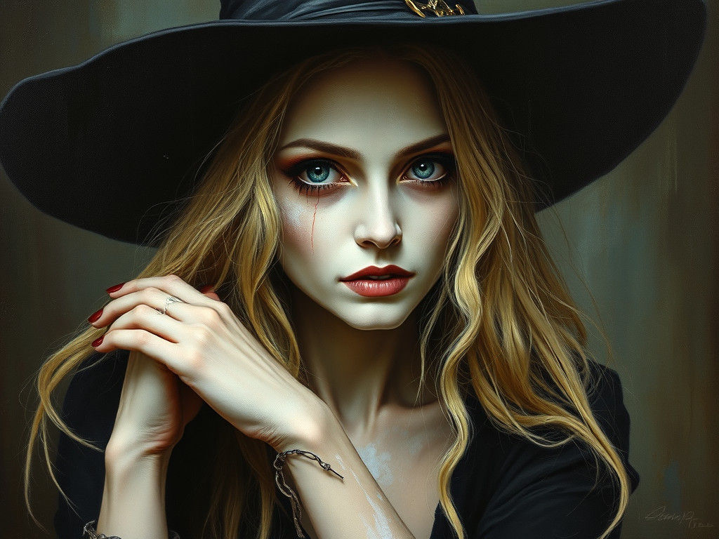 Barefoot Blonde Witch in Oil Painting Style