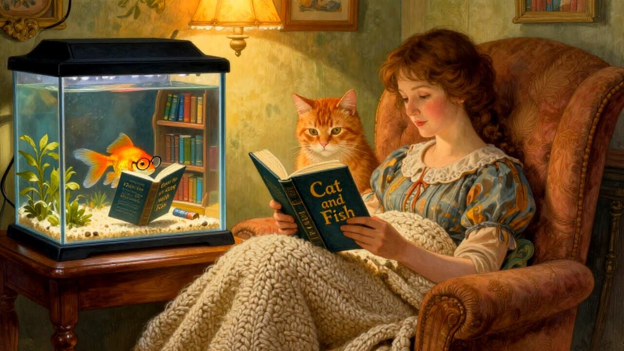Woman and Cat Reading Books in Cozy Home with Goldfish