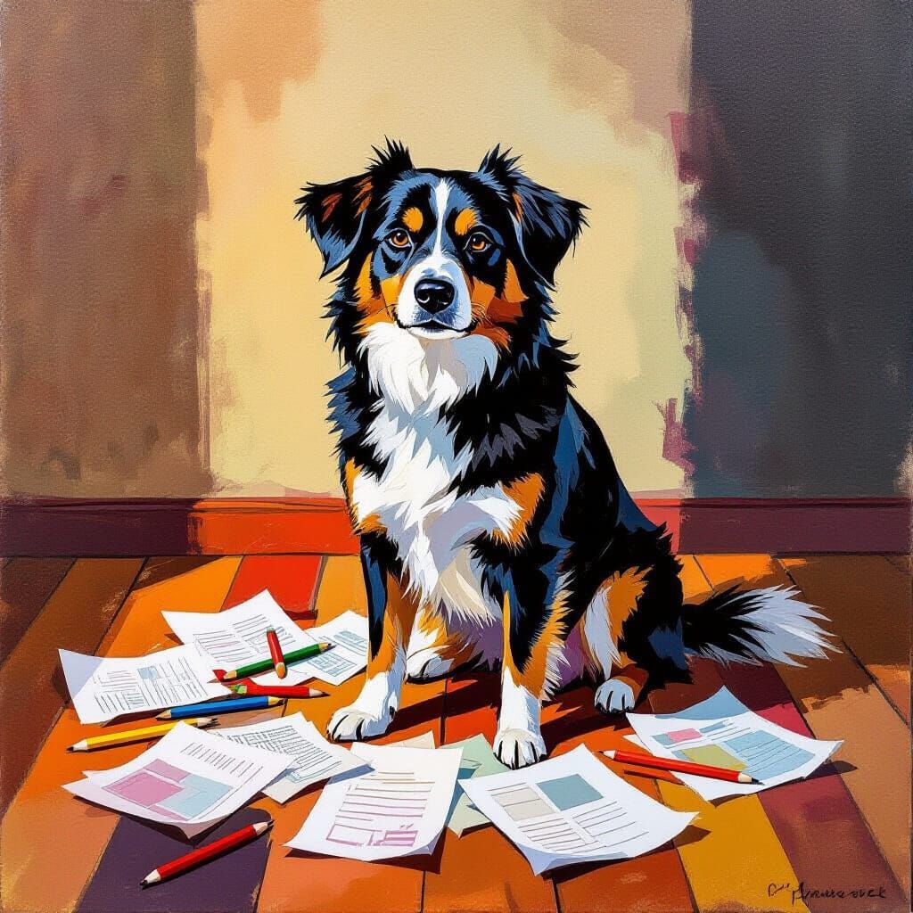 Dog Surrounded by Torn Papers in Impressionist Style