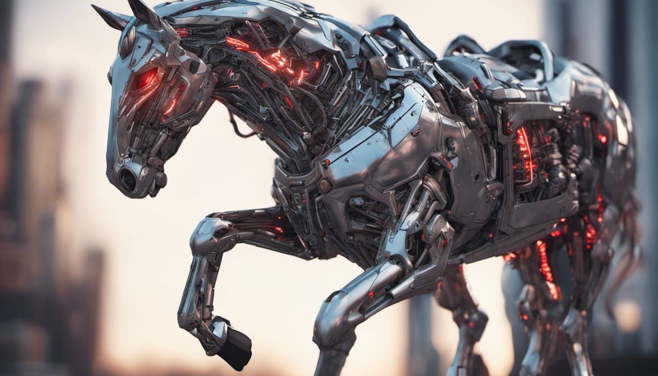Cyberpunk Silver Horse with Glowing Eyes