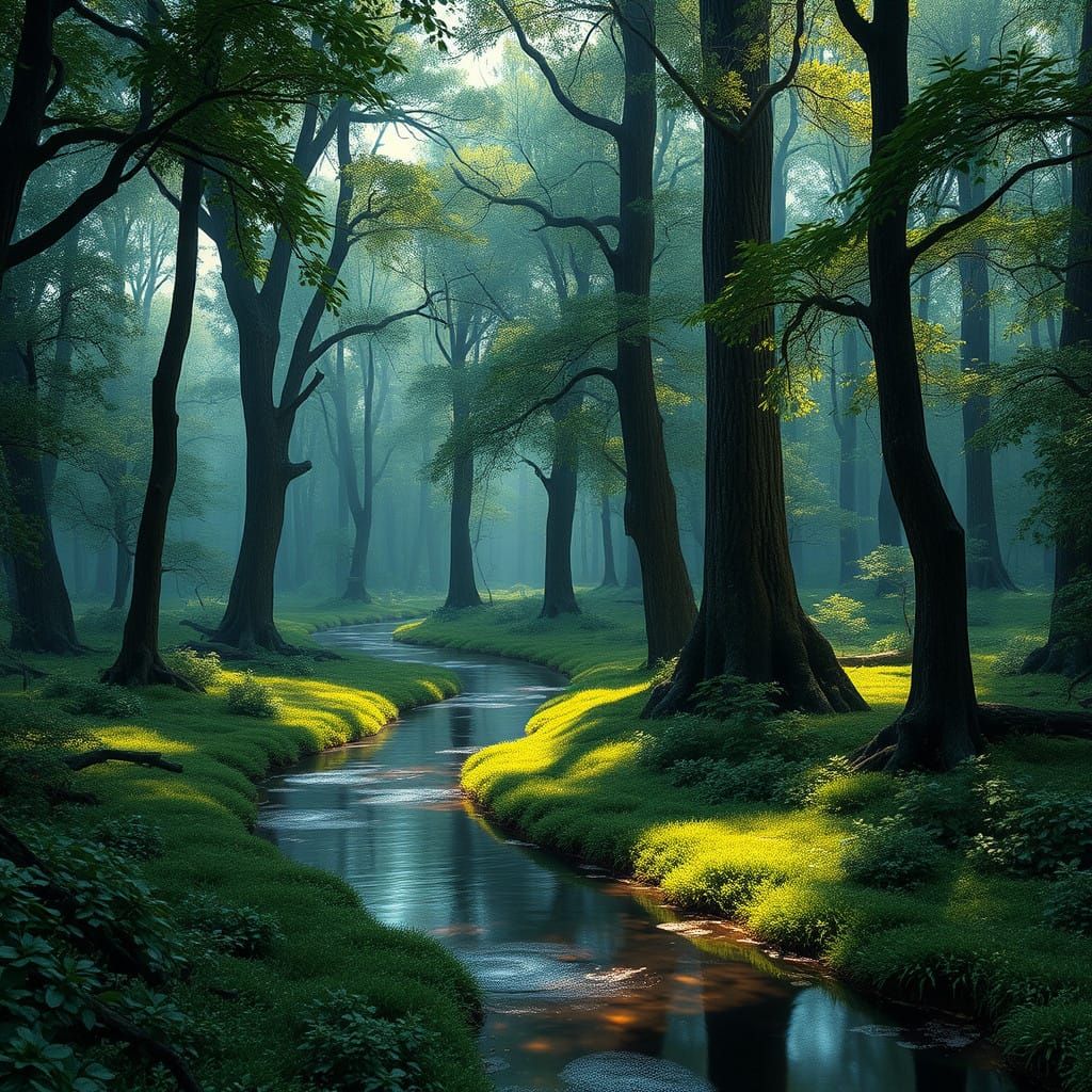 Breathtaking Woodland Scene in Photorealistic Oil Painting S...