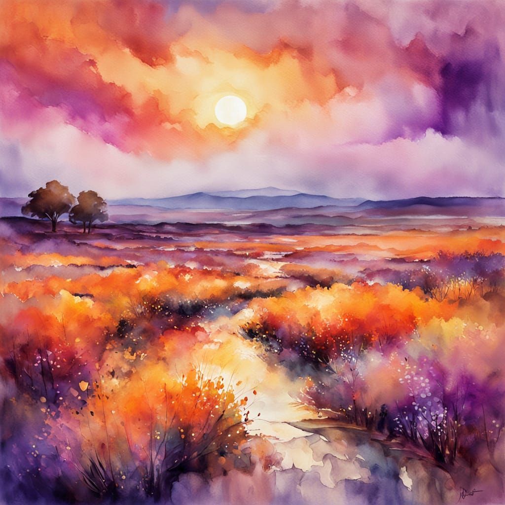 Fantastical Landscape at Sunset in Impressionistic Watercolo...
