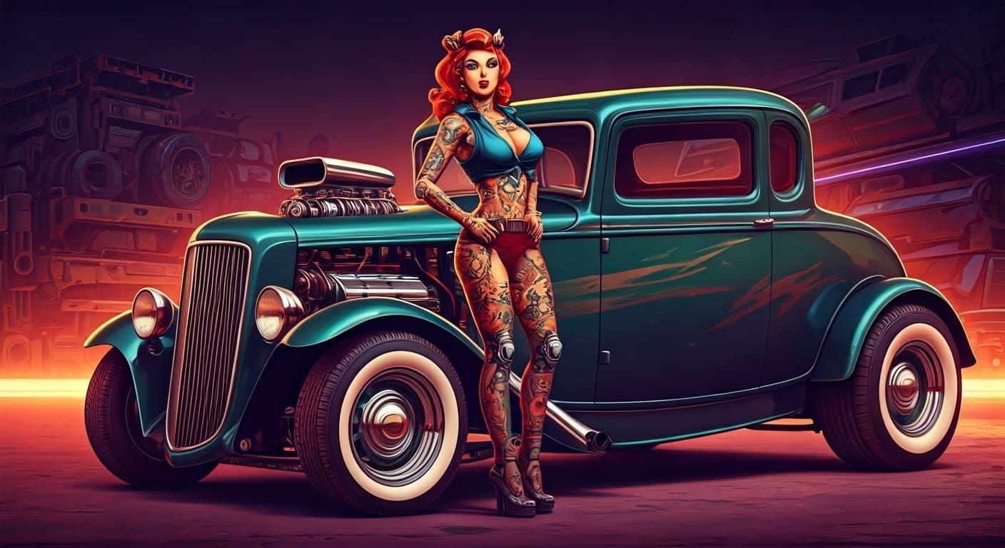 Cyborg Pin-Up in Neon-Lit Junkyard