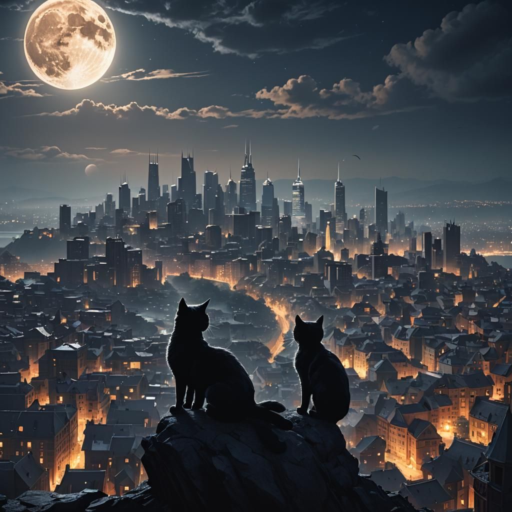 Cat Silhouette Over City in Fantasy Art