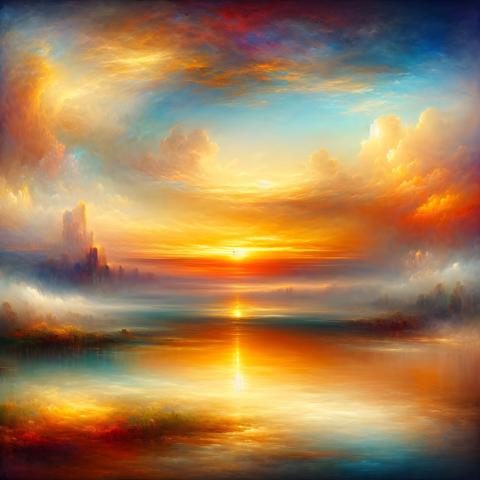 Ethereal Sunrise Landscape in Oil-on-Canvas Style