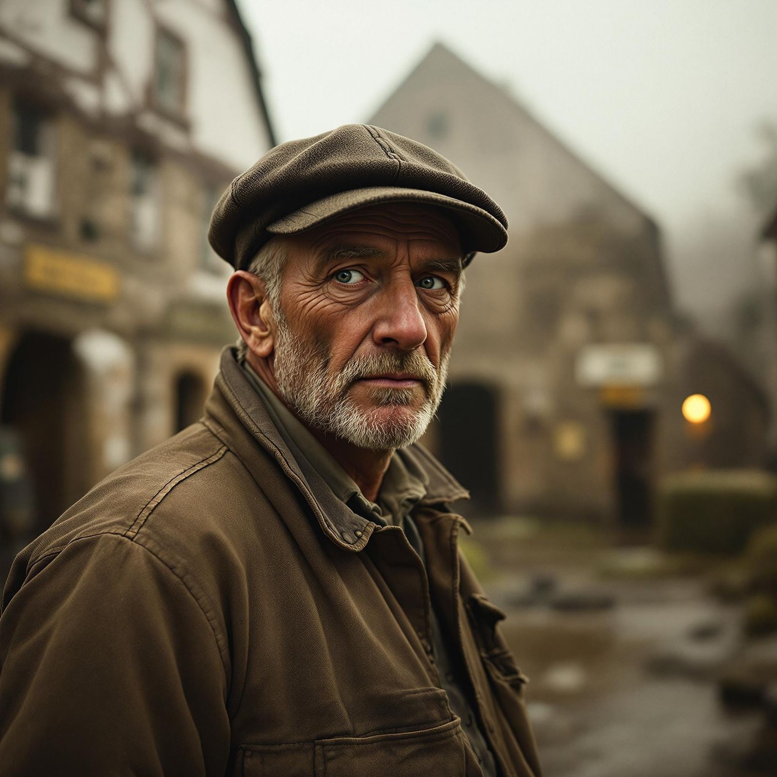 Rustic Mill Worker Exits in Warm Sepia Tones