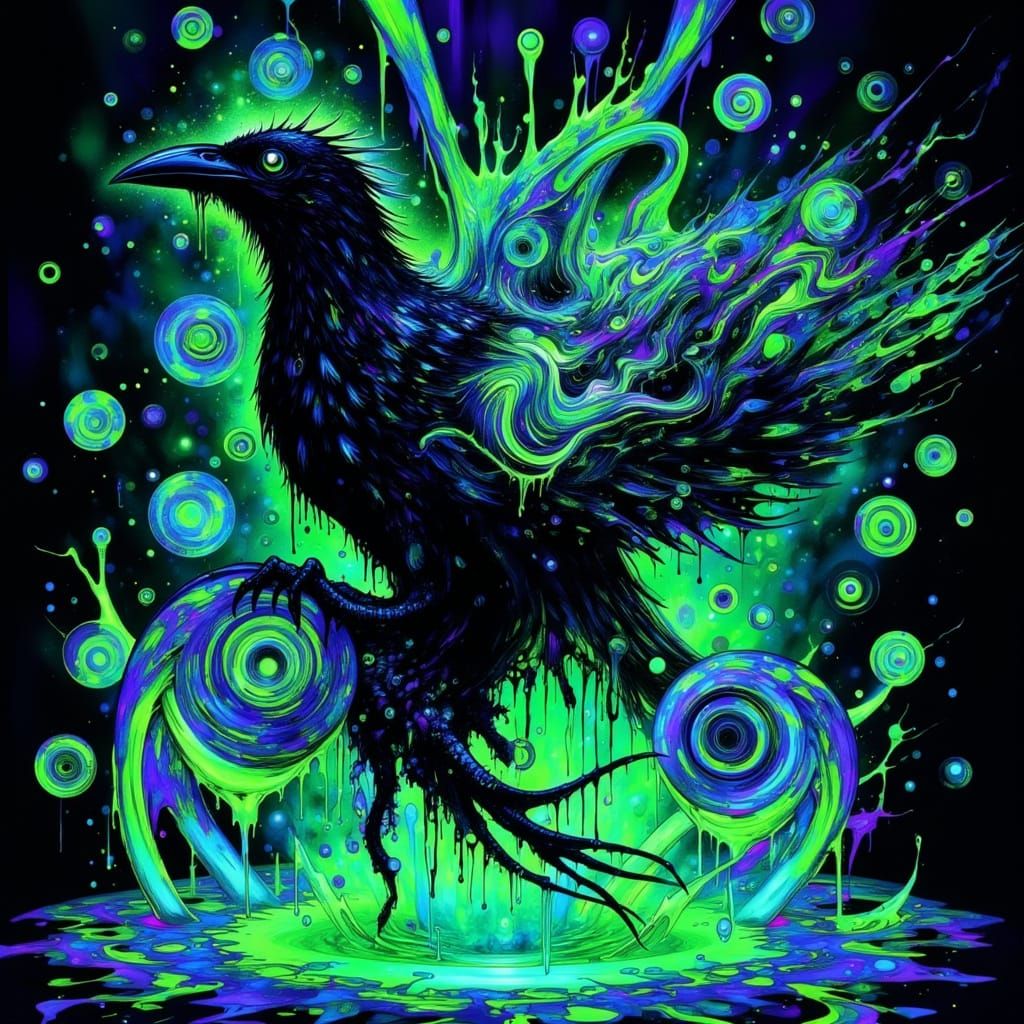 Psychedelic Crow Dissolving in Neon Paint Swirls