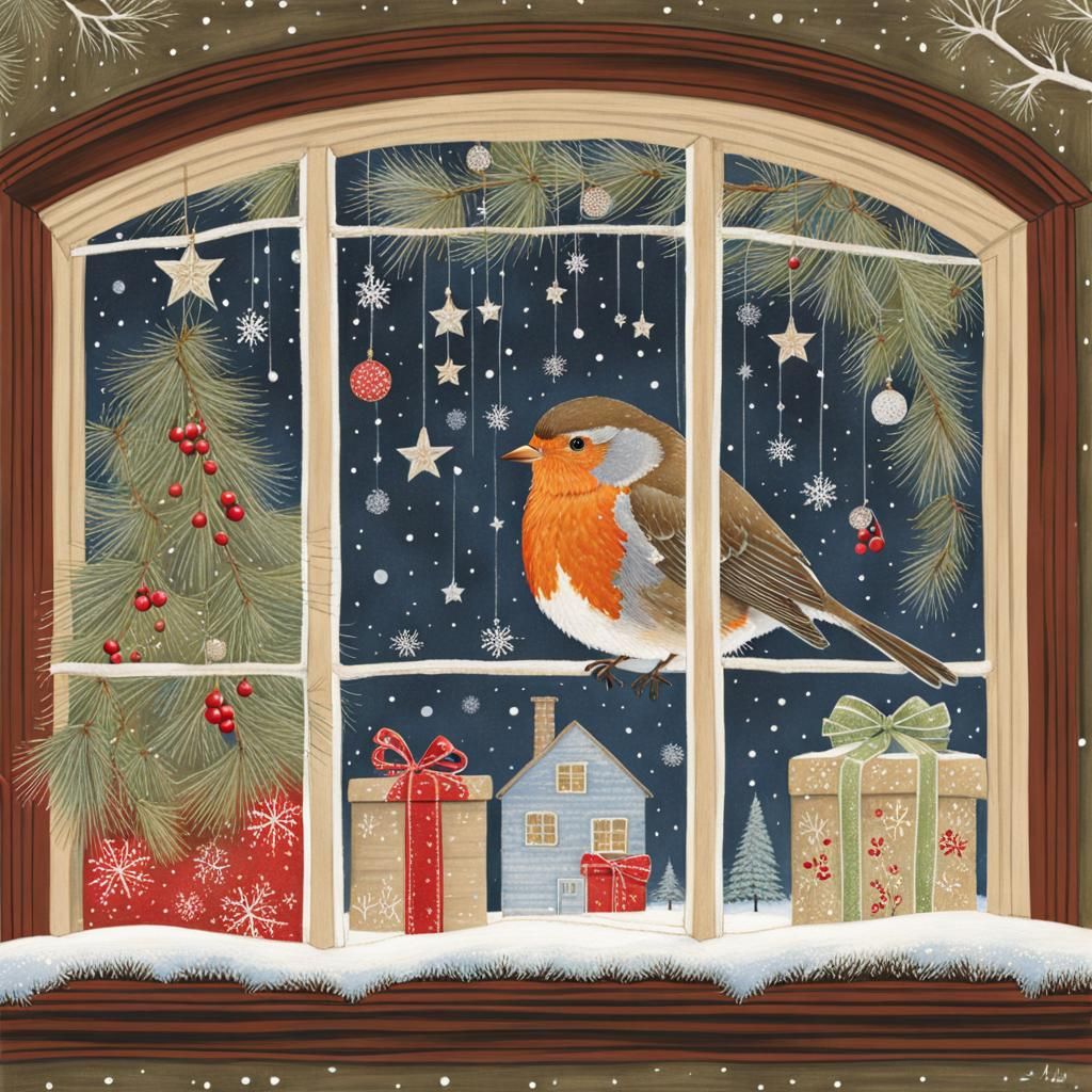Robin in Christmas Window: Detailed Vintage Illustration